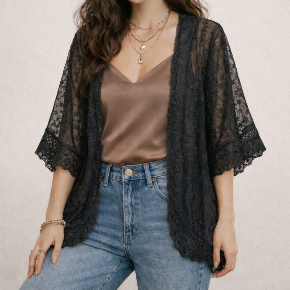 Black Lace Kimono Cardigan XL/XXL Sheer Floral Embroidered Boho Whimsigoth